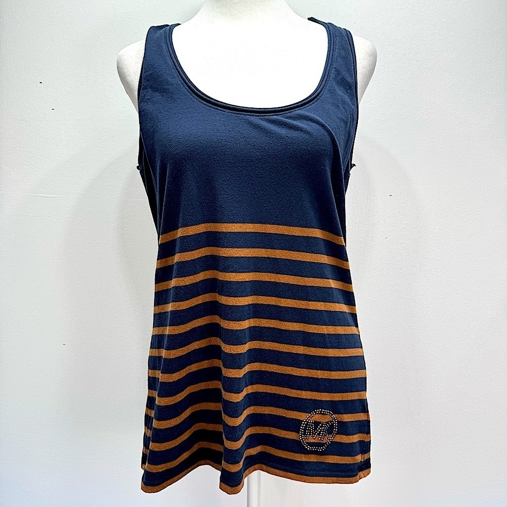 MICHAEL Michael Kors Navy Blue & Brown Striped Embellished Logo Tank Top Large
